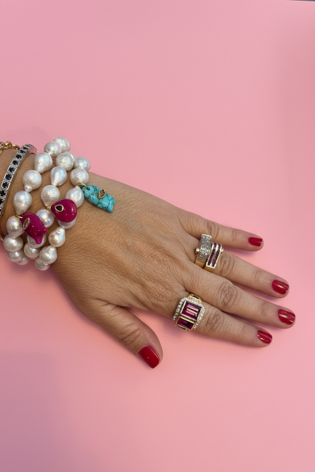 Bracciale Bisette - JAIPUR  OCEANO   Perle coltivate barocche  con charm pesce giada fucsia