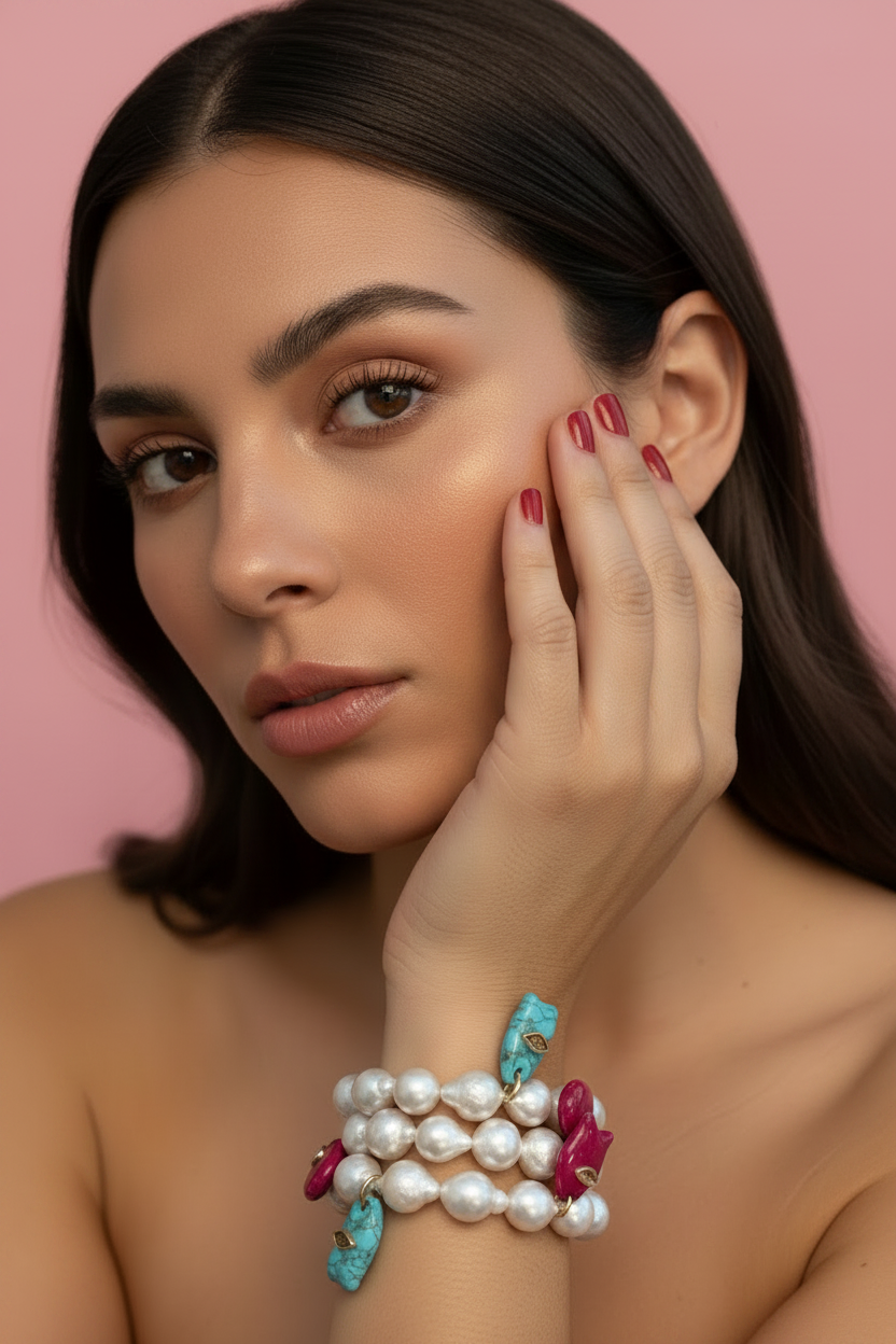 Bracciale Bisette - JAIPUR  OCEANO   Perle coltivate barocche  con charm goccia giada fucsia