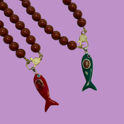Collana MEDITERRANEA - Corallo rosso   mm 10 - chiusura gioiello argento 925 - cm 60 - pesce smalto verde