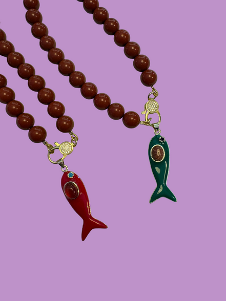 Collana MEDITERRANEA - Corallo rosso   mm 10 - chiusura gioiello argento 925 - cm 60 - pesce smalto verde