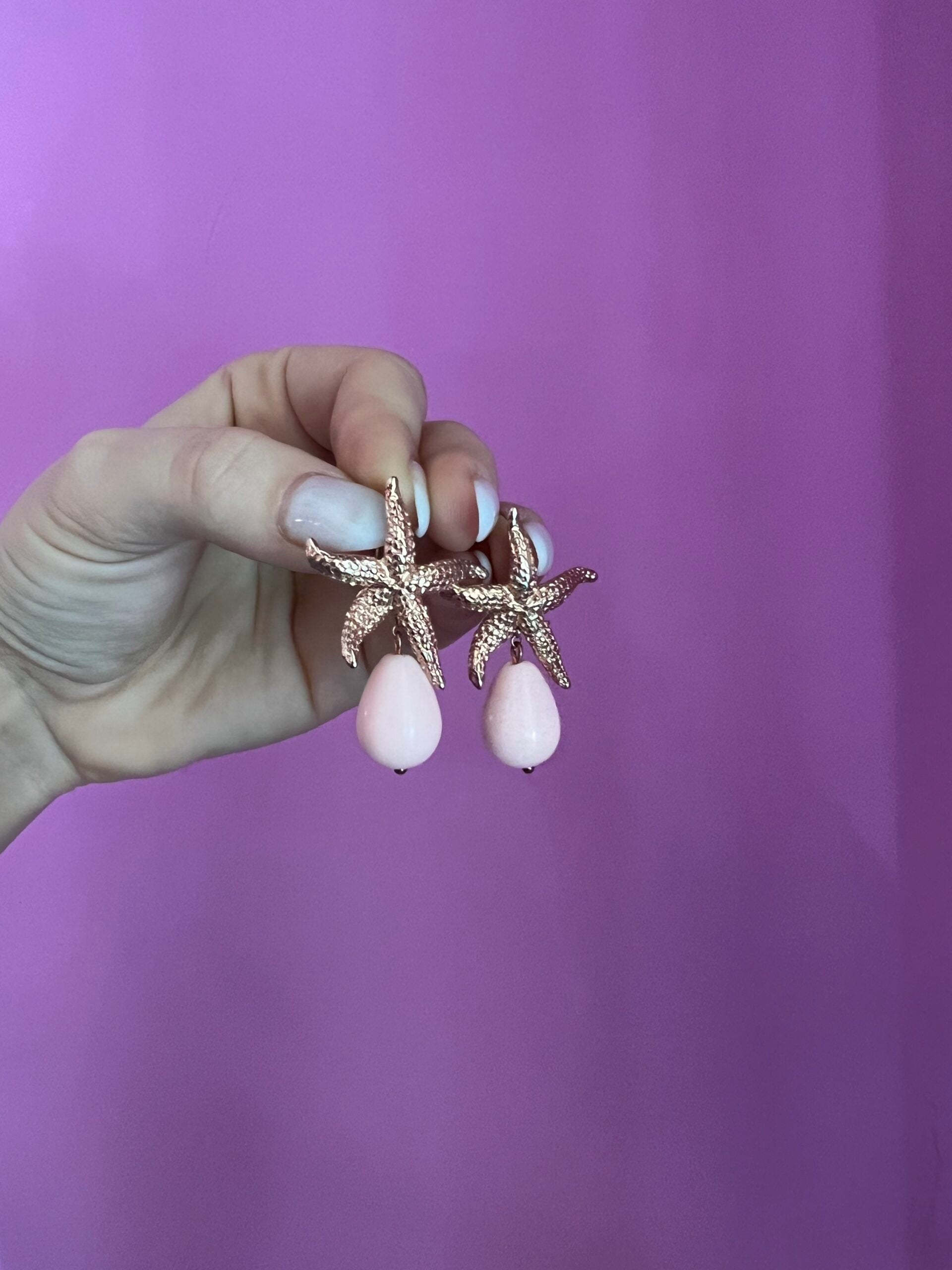 Orecchini corallo rosa argento 925 oro rosa goccia con stella marina