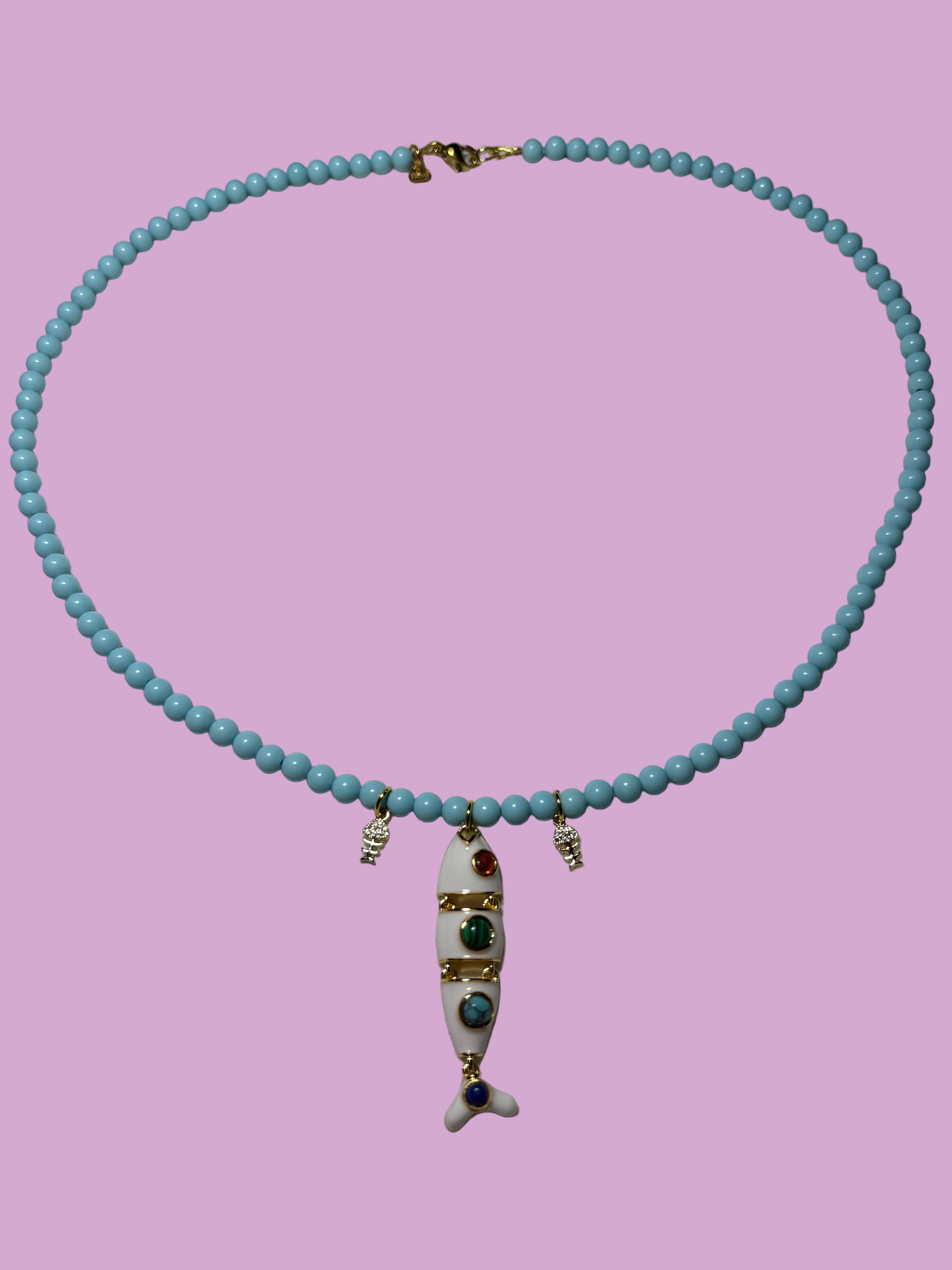 Collana POISSONS - turchese mm 4 - chiusura argento 925 -  3 pesciolini