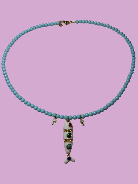Collana POISSONS - turchese mm 4 - chiusura argento 925 -  3 pesciolini