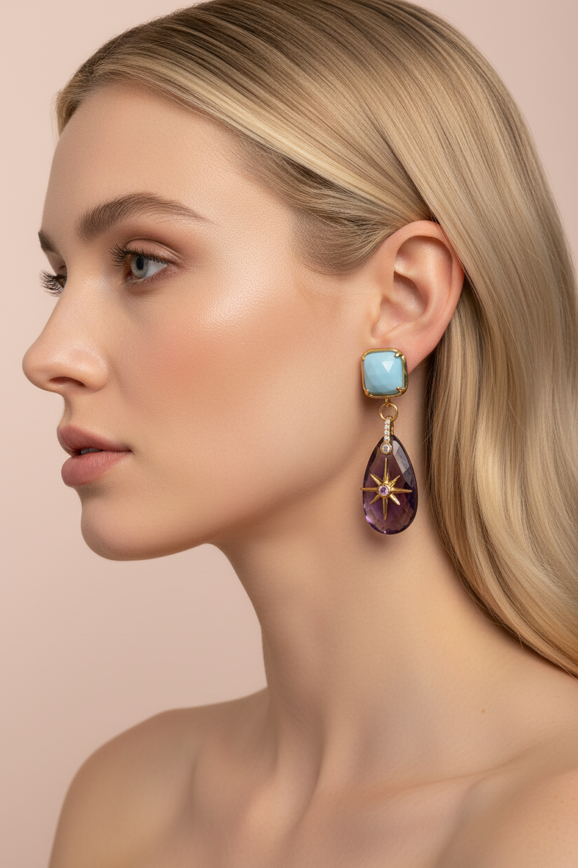 Orecchini  - Jaipur Ametista con stella del nord e turchese argento gold