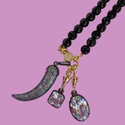 Collana TALISMANI - black - ONICE  mm 8 - chiusura gioiello argento 925 - cm 60 - 3 charms Corno e Luce