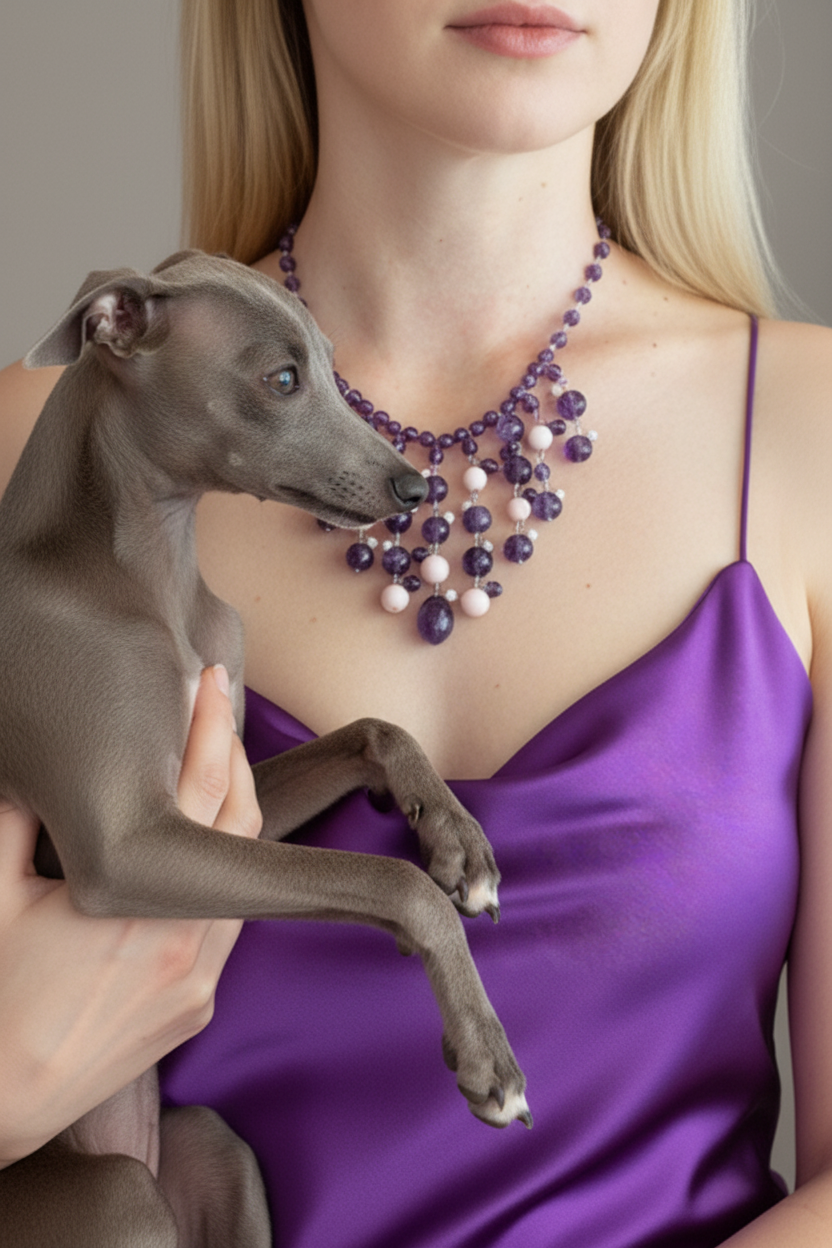 Couture - collier CASCATA ametista e corallo rosa