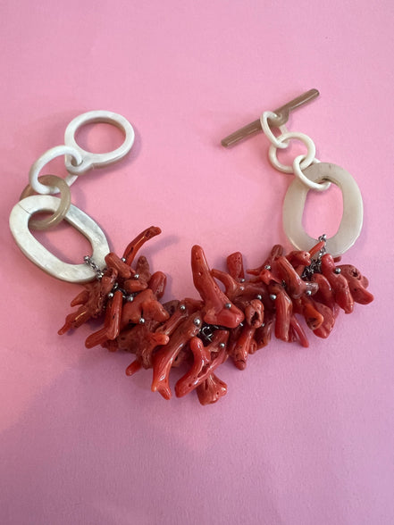 Bracciale MEDITERRANEA-  grandi rametti corallo rodo e corno naturale