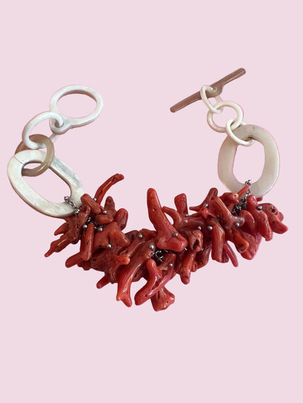Bracciale MEDITERRANEA-  grandi rametti corallo rodo e corno naturale