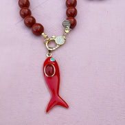 Collana MEDITERRANEA - Corallo rosso   mm 10 - chiusura gioiello argento 925 - cm 60 - pesce smalto rosso