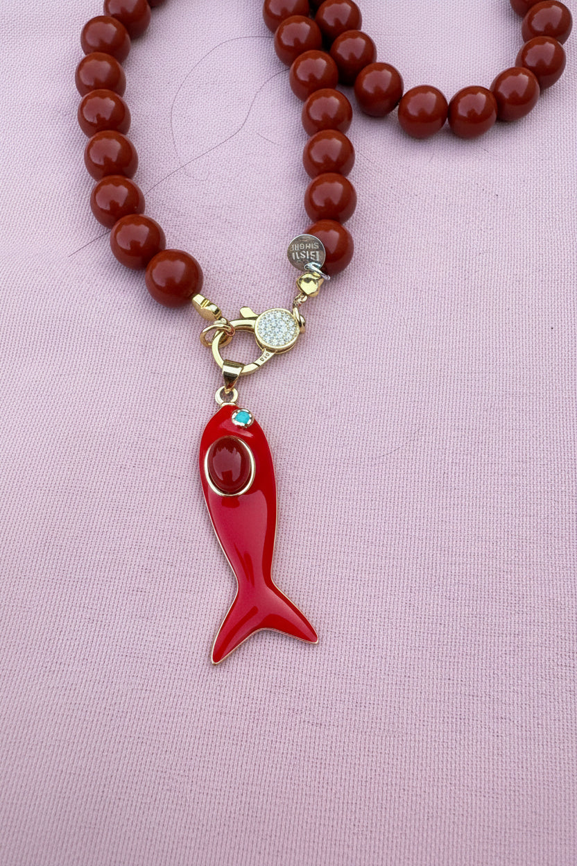 Collana MEDITERRANEA - Corallo rosso   mm 10 - chiusura gioiello argento 925 - cm 60 - pesce smalto rosso