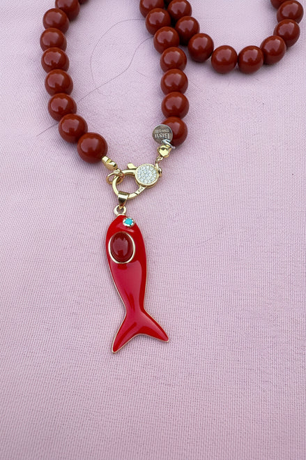 Collana MEDITERRANEA - Corallo rosso   mm 10 - chiusura gioiello argento 925 - cm 60 - pesce smalto rosso