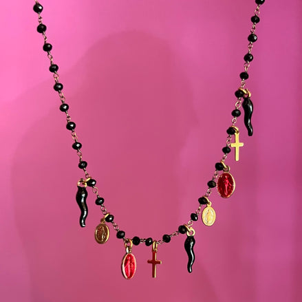 Collana argento oro giallo con miracolose, cornini e croci