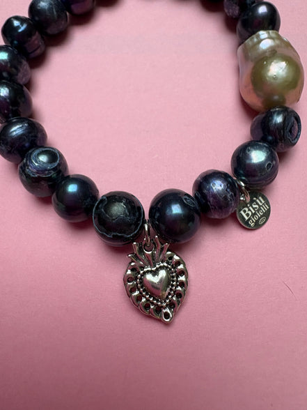 Bracciale Bisette -TALISMANI perle grey con charm Cuore sacro
