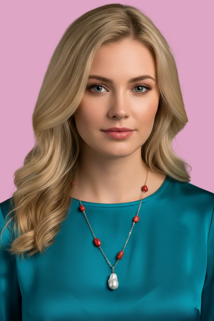 Collezione mediterranea - Collana perla coltivata barocca e corallo naturale