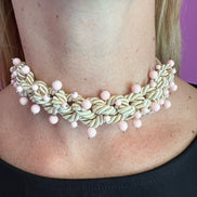 Choker / Collana Couture Collezione Intreccio in Seta Écru, Corallo Rosa e Argento 925