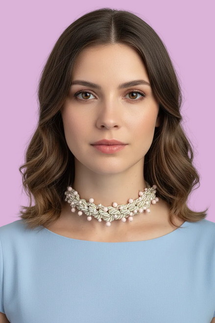 Choker / Collana Couture Collezione Intreccio in Seta Écru, Corallo Rosa e Argento 925