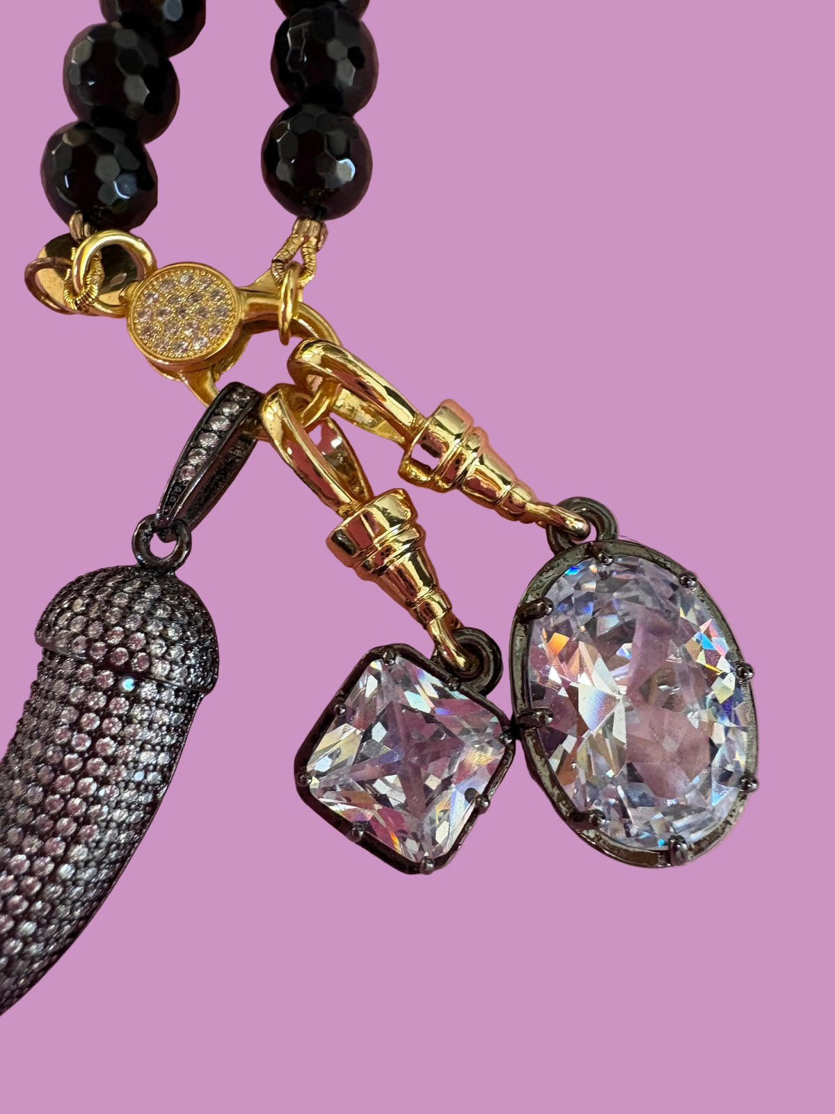 Collana TALISMANI - black - ONICE  mm 8 - chiusura gioiello argento 925 - cm 60 - 3 charms Corno e Luce
