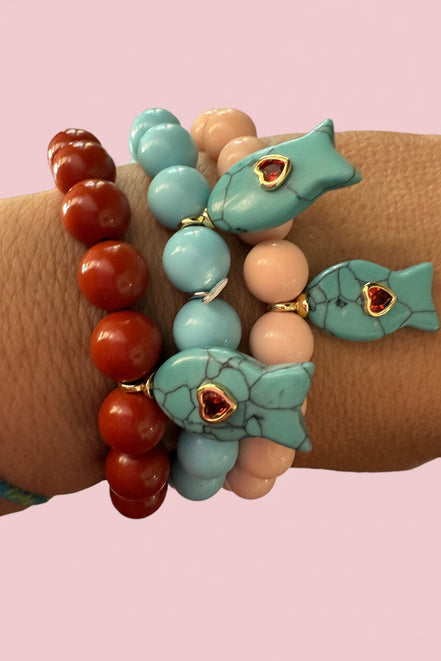 Bracciale Bisette - JAIPUR  OCEANO   turchese  con charm pesciolino turchese (cuore rubellite)