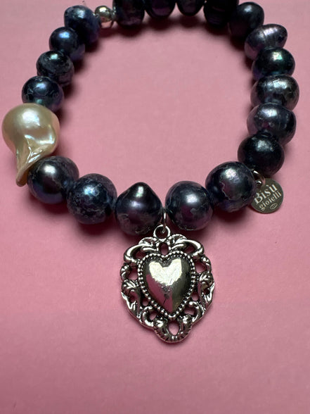 Bracciale Bisette -TALISMANI perle grey con charm Cuore sacro