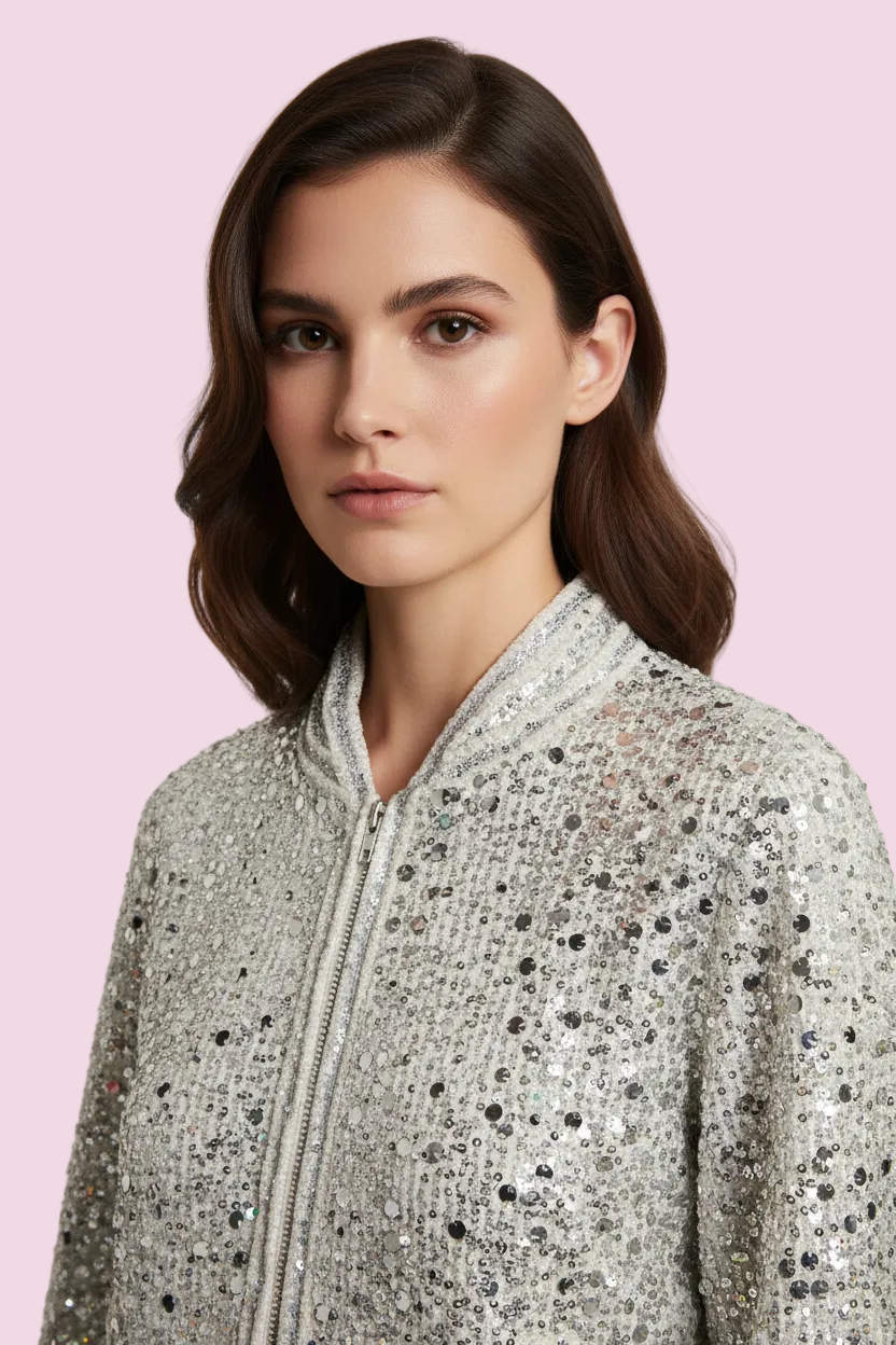 Sparkling bomber -bomber in tweed con paillettes e  Passamaneria