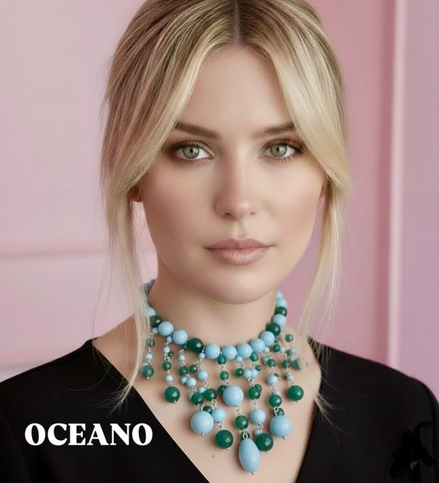 OCEANO - Collier cascata con turchese giada verde e agata verde con argento