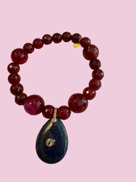 Bracciale Bisette - JAIPUR agata burgundy con charm goccia di lapislazzuli