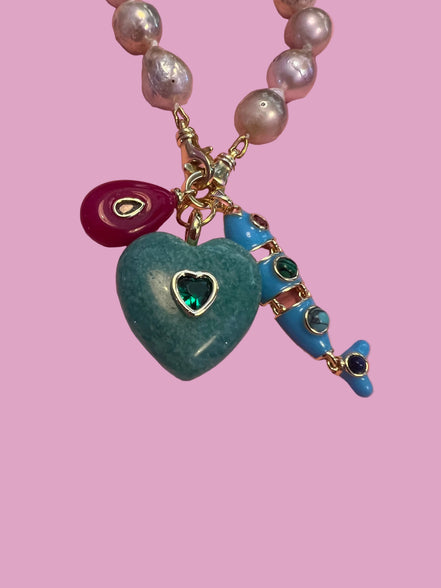 JAIPUR  - Collana sautoir perle barocche e argento 925 doppio moschettone e charms