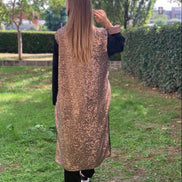 LUCE - Spolverino in Foulé 100% lana nero e retro in paillettes caramello