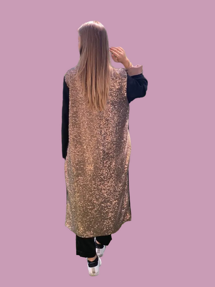 LUCE - Spolverino in Foulé 100% lana nero e retro in paillettes caramello