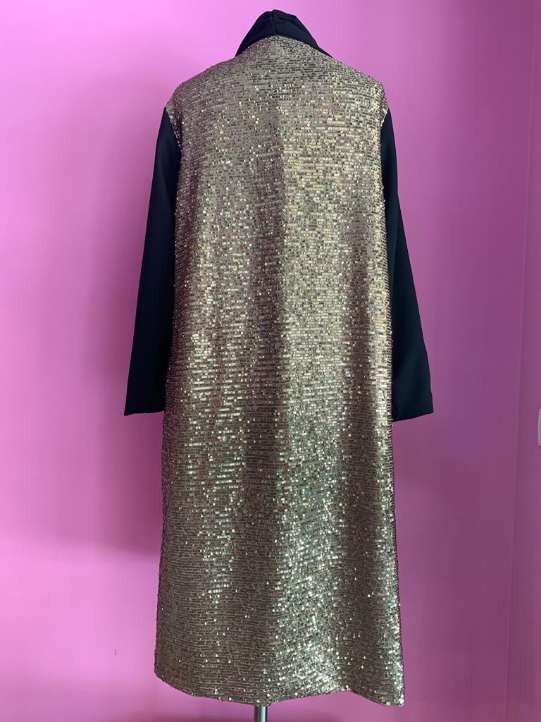 LUCE - Spolverino in Foulé 100% lana nero e retro in paillettes caramello