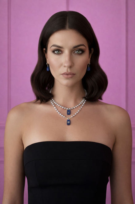 Collana JAIPUR - Perle grey semiround con pendente lapislazzuli