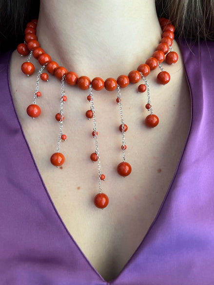 Collana Effimera -MEDITERRANEA  CASCATA Corallo rosso con argento 925 rodio