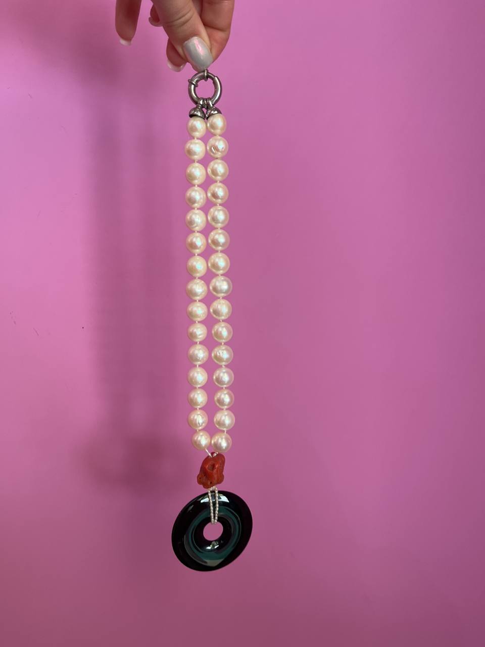 Collezione mediterranea - Collana perle coltivate, corallo rosso e pendente onice