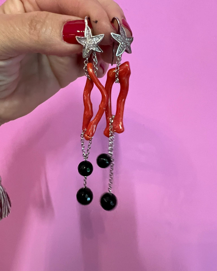MEDITERRANEA Orecchini Couture - corallo rosso e onice