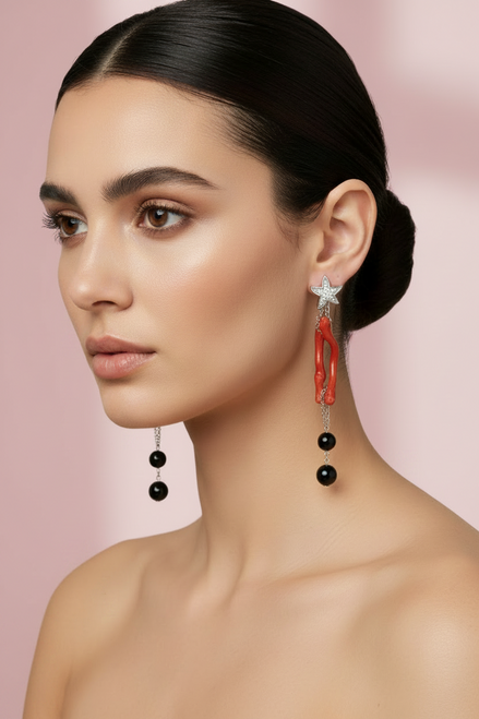 MEDITERRANEA Orecchini Couture - corallo rosso e onice
