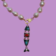 Collana OCEANO - PERLE coltivate barocche - chiusura gioiello argento 925 - cm 40- con charm pesce
