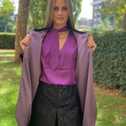 Wu Ming - Cardigan Bomber in velluto ciniglia nero e raso jap lilla
