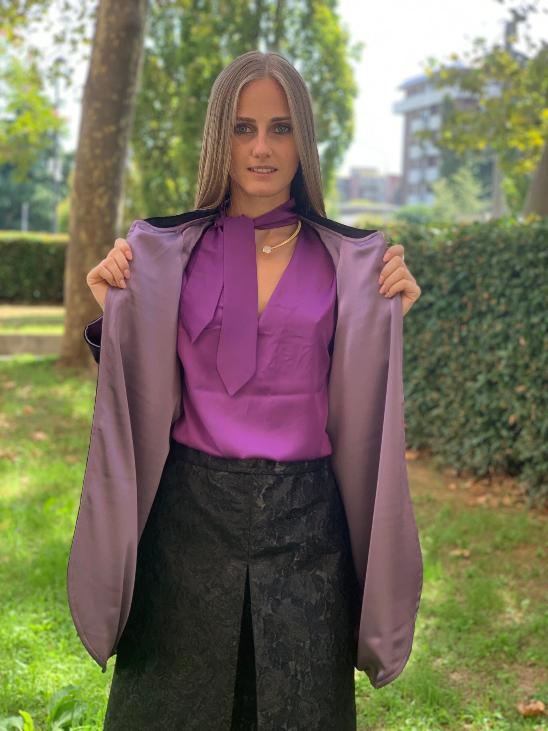 Wu Ming - Cardigan Bomber in velluto ciniglia nero e raso jap lilla
