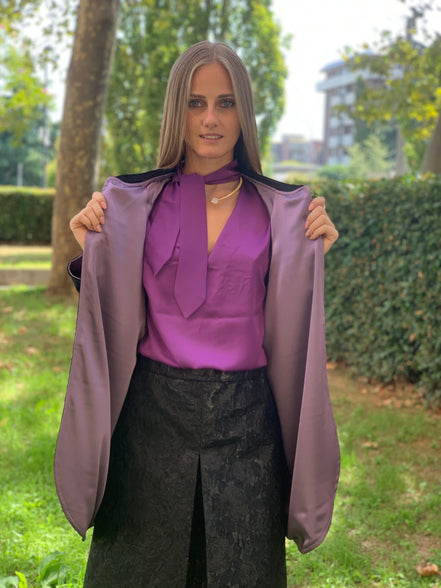 Wu Ming - Cardigan Bomber in velluto ciniglia nero e raso jap lilla