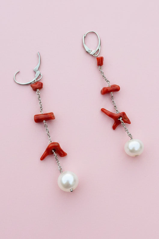 MEDITERRANEA Orecchini - perle coltivate con corallo rosso