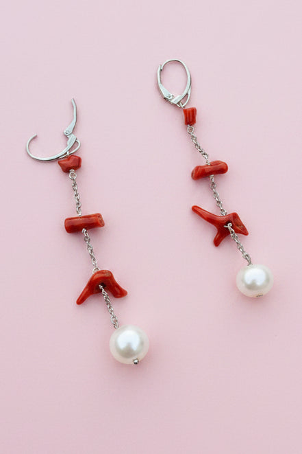 MEDITERRANEA Orecchini - perle coltivate con corallo rosso