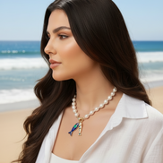 Collana OCEANO - PERLE coltivate barocche - chiusura gioiello argento 925 - cm 40- con charms pesci