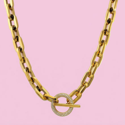 Collana Catena Gold con chiusura a T e zirconi - acciaio