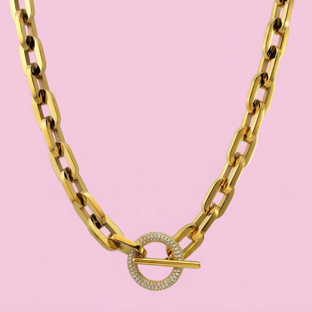 Collana Catena Gold con chiusura a T e zirconi - acciaio