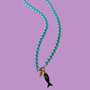 Collana OCEANO - Turchese  mm 10 - chiusura gioiello argento 925 - cm 60  pesce smalto blu