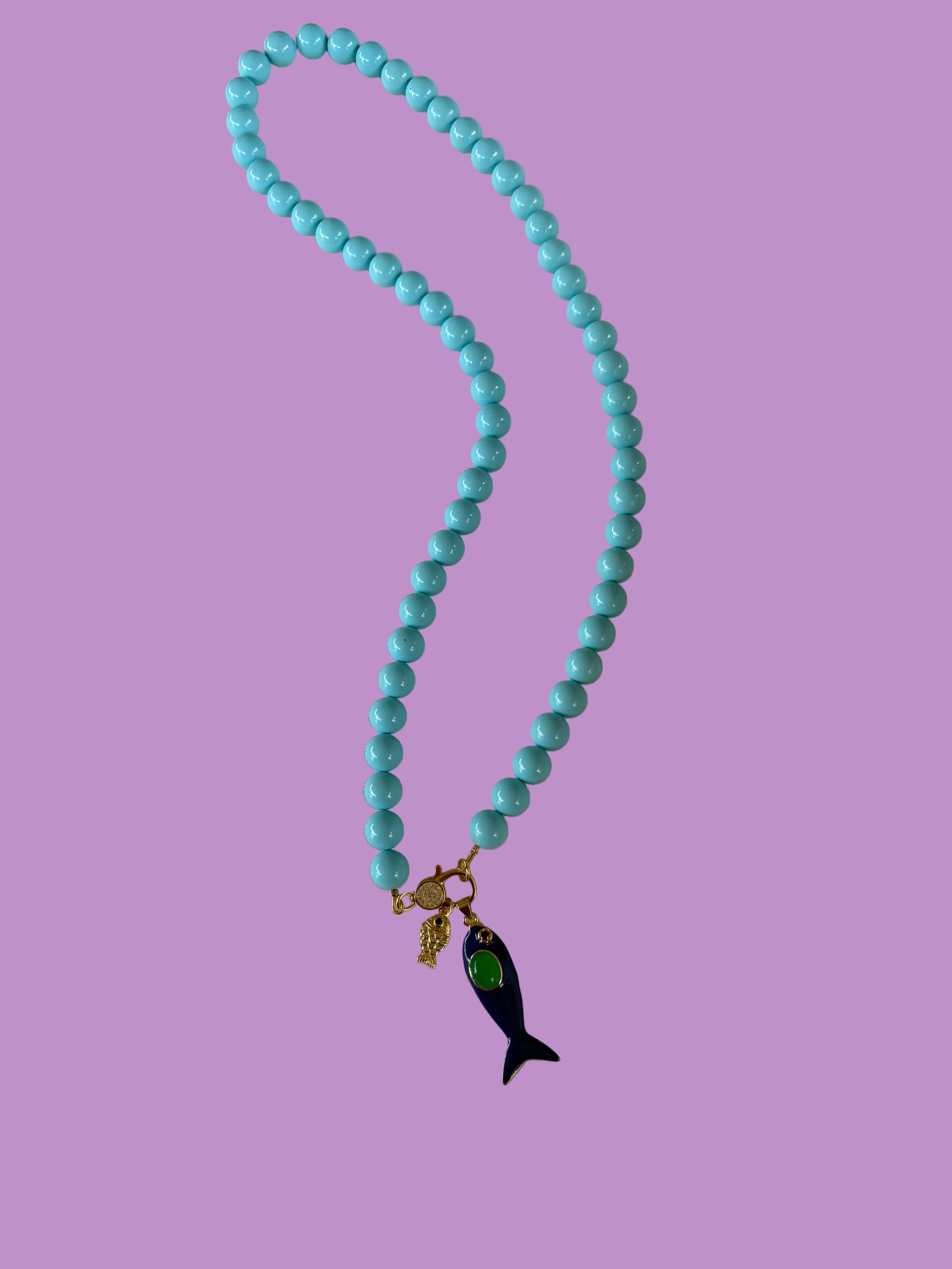 Collana OCEANO - Turchese  mm 10 - chiusura gioiello argento 925 - cm 60  pesce smalto blu