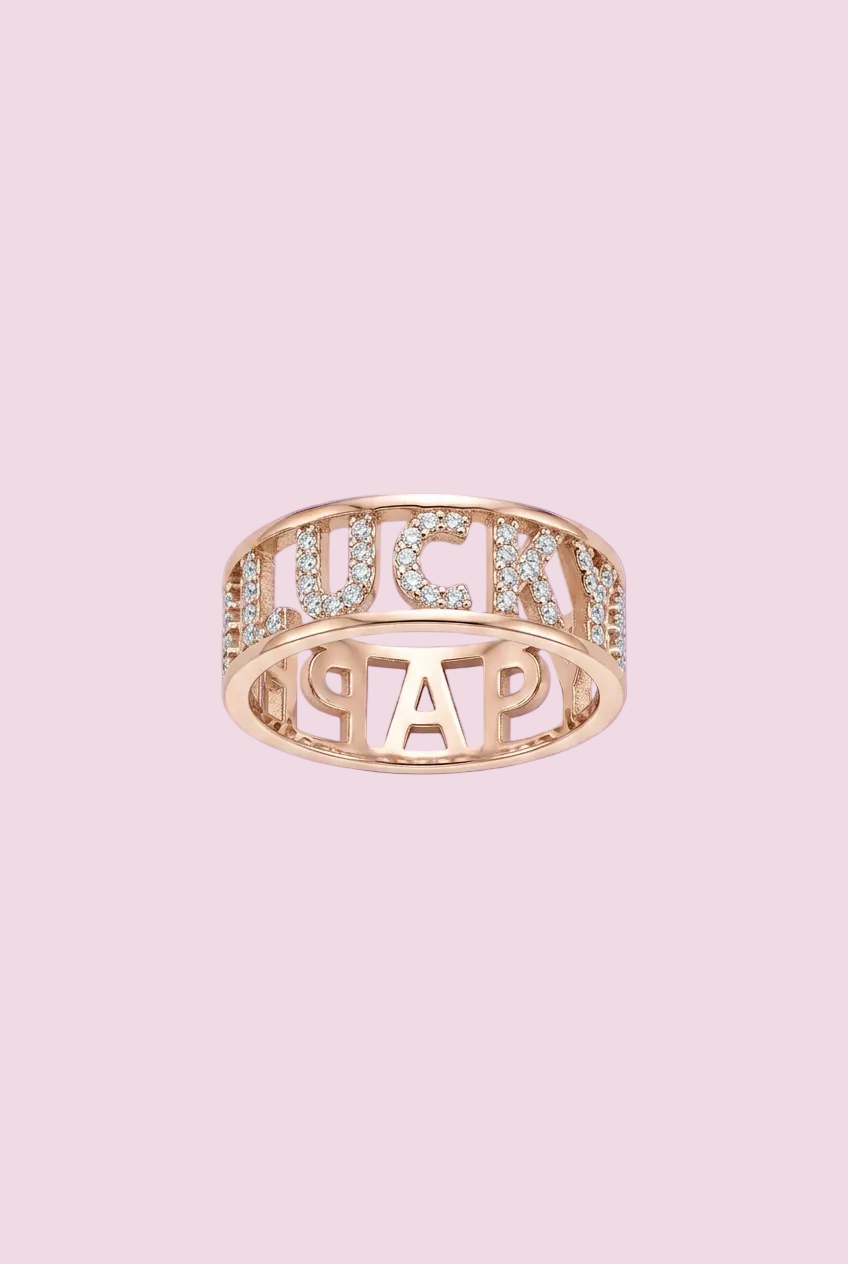 Rose gold ring with HAPPY LUCKY inscription