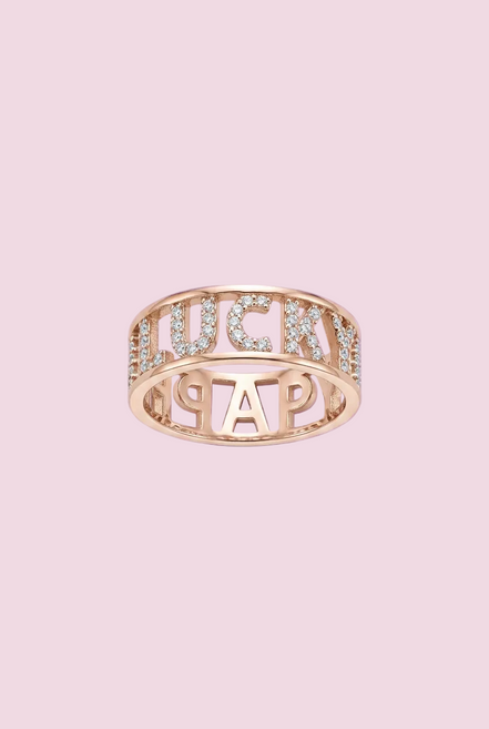 Rose gold ring with HAPPY LUCKY inscription