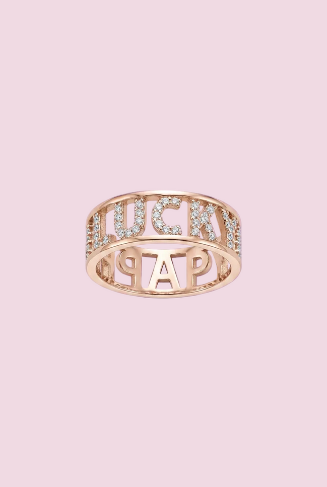 Rose gold ring with HAPPY LUCKY inscription