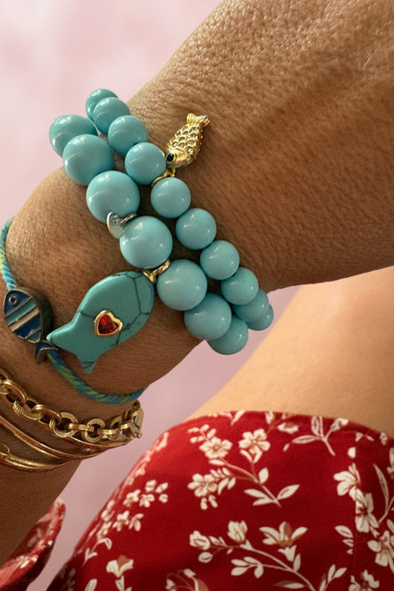 Bracciale Bisette - JAIPUR  OCEANO   turchese  con charm pesciolino turchese (cuore rubellite)